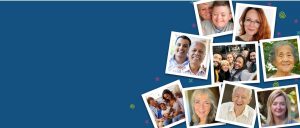 Banner image with muted blue background, multi-colored sprinkle designs, and a collection of photographs of various people smiling.